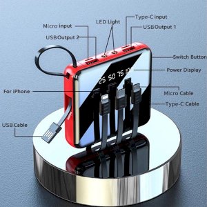 Portable 4 Cable 20000 mhA Power Bank With Flash Light And  LED Display Red Color 